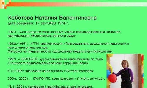 PORTFÓLIO Učiteľka-logopéd Natalia Valentinovna Khobotova Mestská rozpočtová predškolská vzdelávacia inštitúcia „Materská škola 9 kombinovaného typu“ - prezentácia